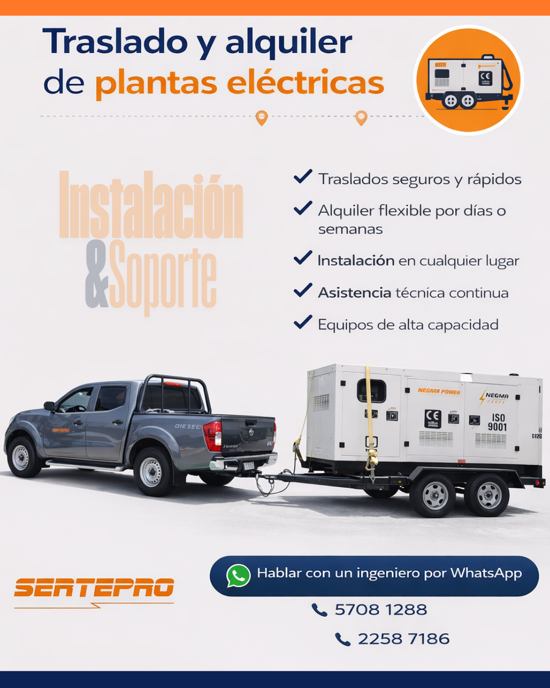 renta, traslado y soporte generadores electricos Guatemala Sertepro